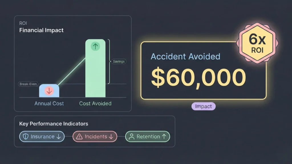 ROI dashboard showing accident cost avoided, annual savings, reduced incidents, improved retention, and six-times return on investment.