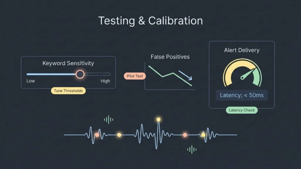 Testing and calibration interface for a driver safety AI system showing keyword sensitivity tuning, false positive reduction, and alert latency checks.
