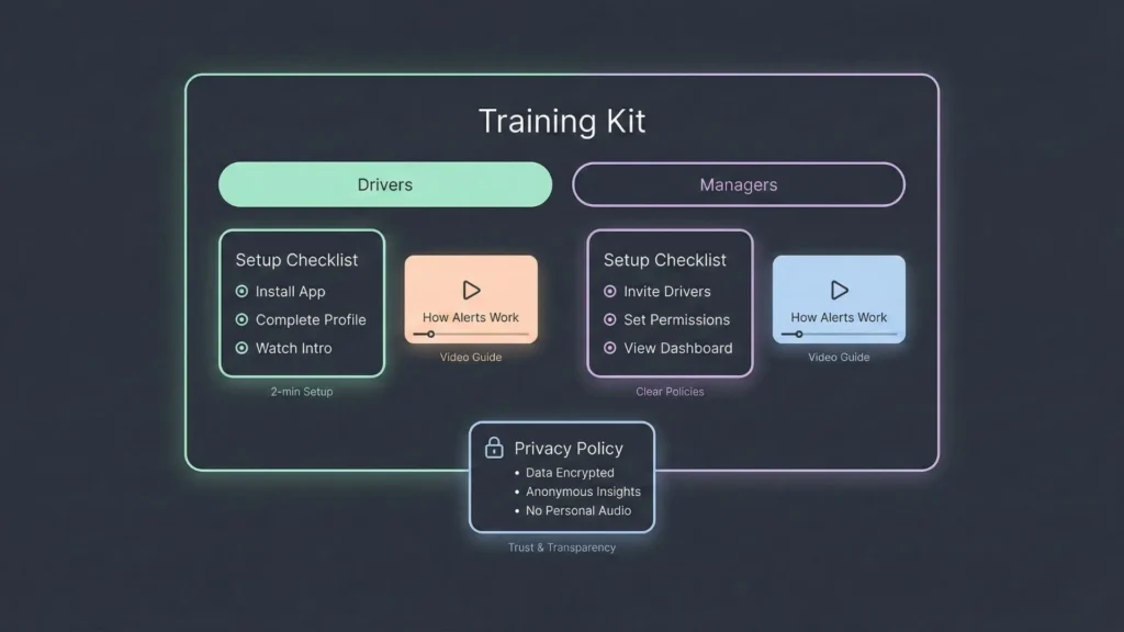 Training kit interface for drivers and managers with setup checklists, explainer videos, role-based access, and privacy transparency.