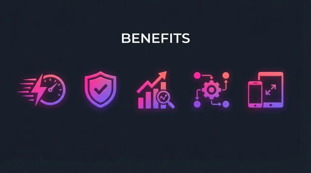 Row of glowing gradient icons representing key retail app benefits: speed, security, performance analytics, workflow automation, and mobile scalability.