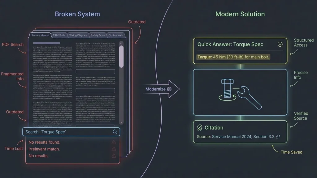 Comparison of broken PDF search system versus modern AI solution with quick answers and verified citations.