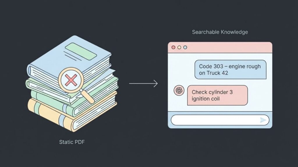Comparison of static PDF manuals and an AI chatbot providing instant vehicle maintenance answers for logistics and fleet operations.