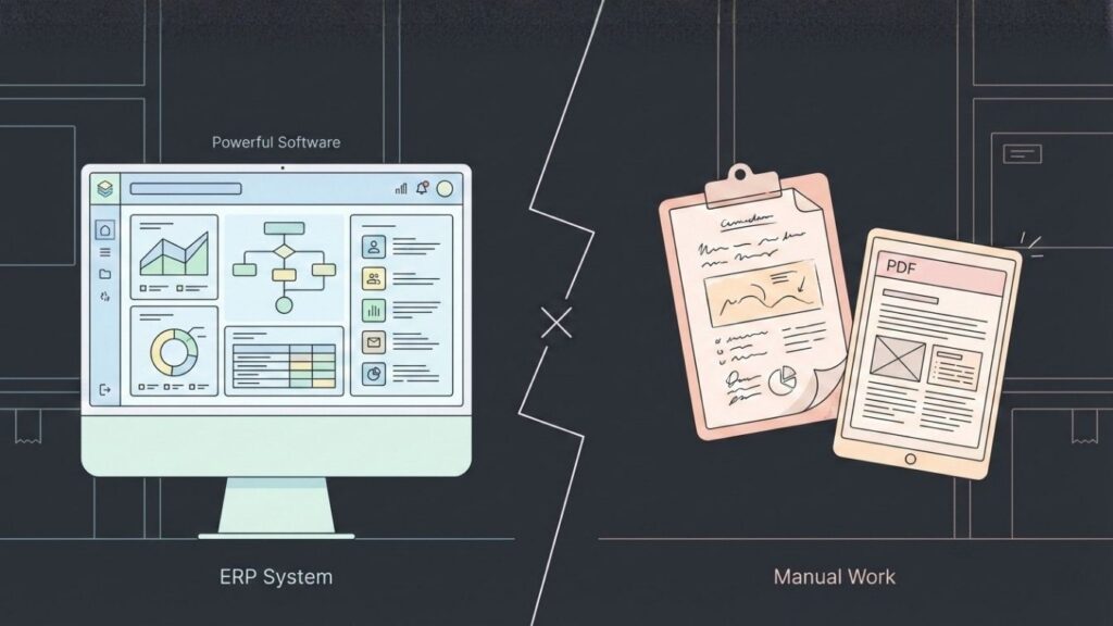 Illustration showing a logistics ERP system dashboard disconnected from manual clipboard and PDF work, highlighting workflow mismatch in logistics operations.