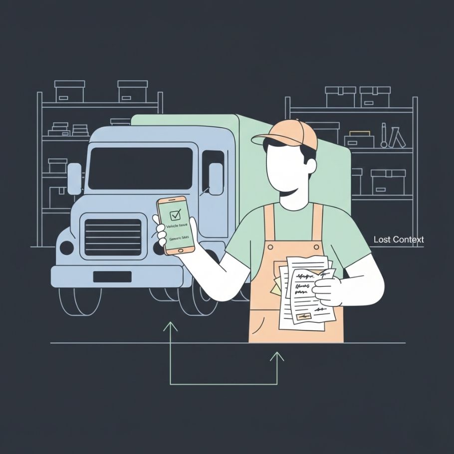 Driver inspecting a truck while using a generic inspection app and paper form, showing lost context and fragmented data in logistics workflows.