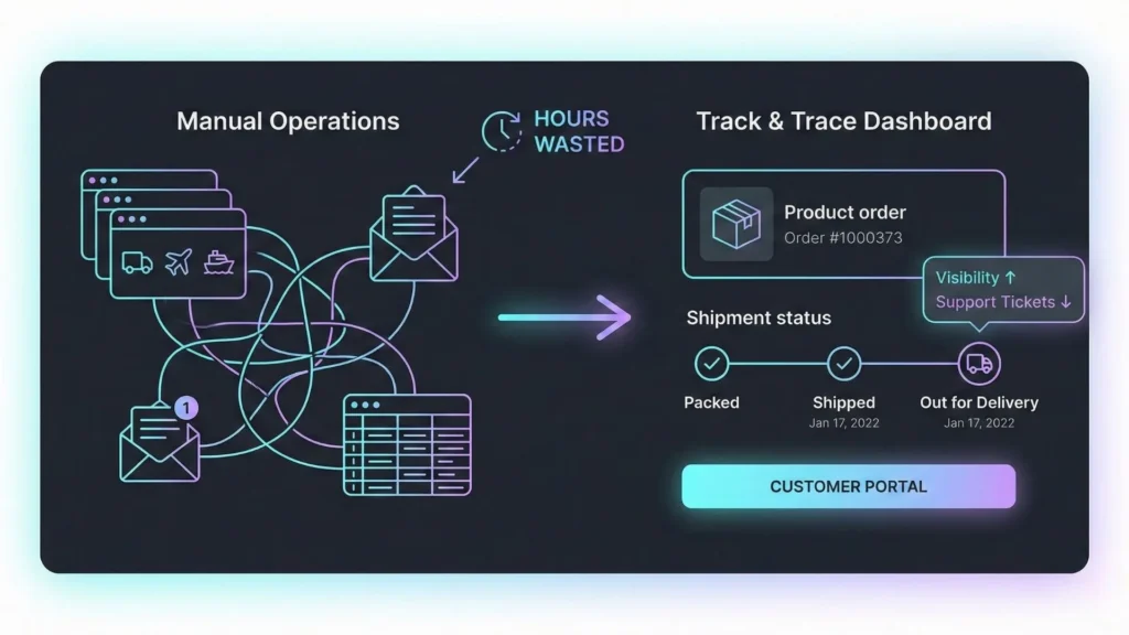 Transition from manual logistics operations and email updates to a centralized track and trace dashboard