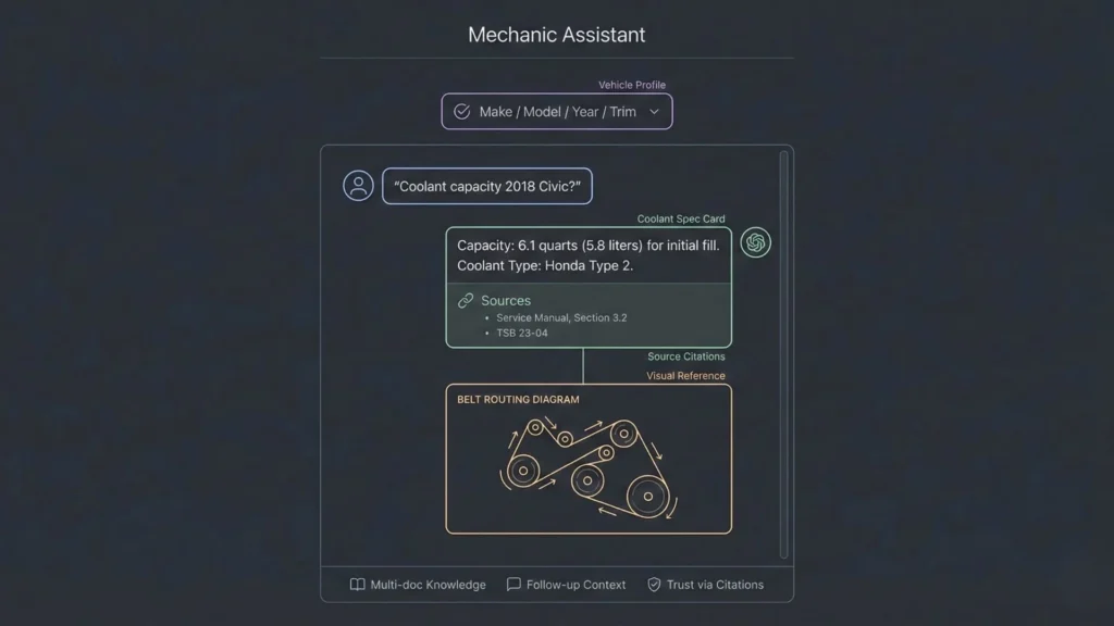 Mechanic assistant chat interface showing vehicle profile, coolant spec answer, source citations, and belt routing diagram.