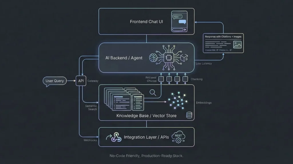 RAG architecture showing chat UI, AI backend agent, knowledge base vector store, chunking, embeddings, and integration APIs.