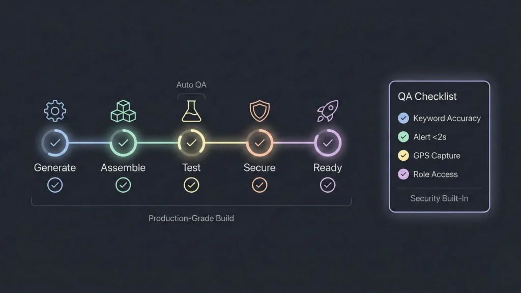 Production-grade no-code build process for a driver safety AI app covering generate, assemble, test, secure, and launch stages.