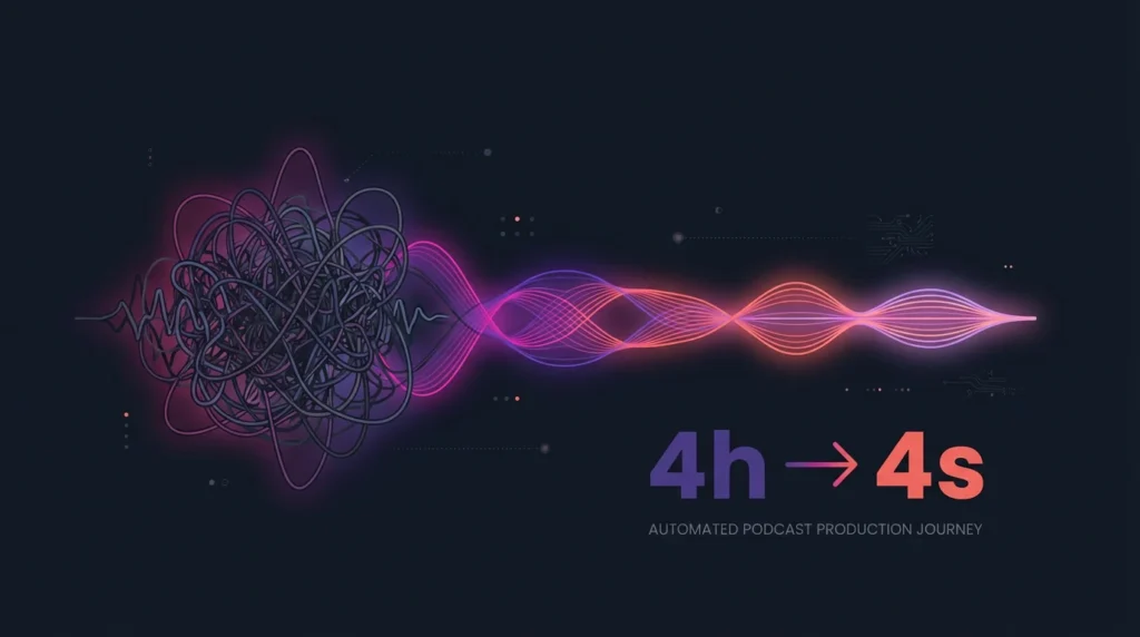 Podcast automation illustration showing manual editing reduced from four hours to four seconds using AI audio summarization.