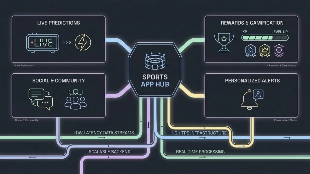 Diagram of a real-time sports app hub connecting live predictions, social community features, rewards, personalized alerts, and scalable backend infrastructure