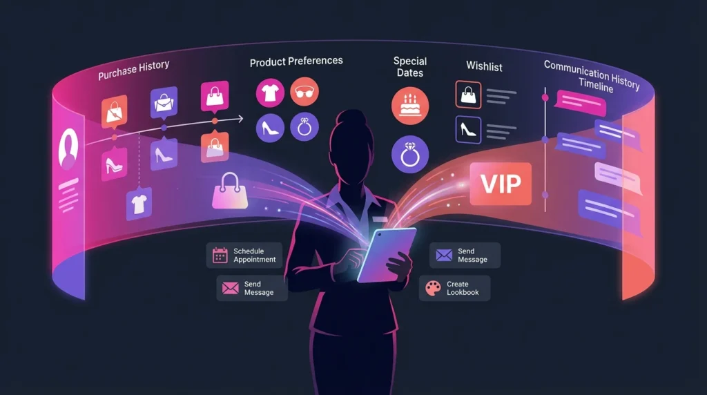 Retail associate using CRM tools to access customer profiles, preferences, and VIP insights in-store