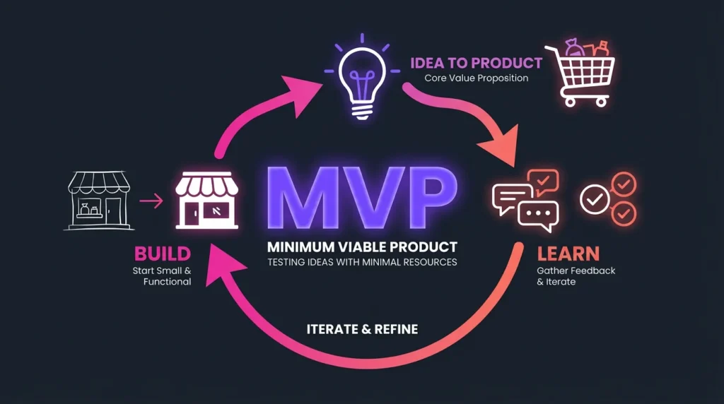 Retail MVP lifecycle diagram showing idea to product, build small, gather feedback, learn, and iterate with minimal resources.