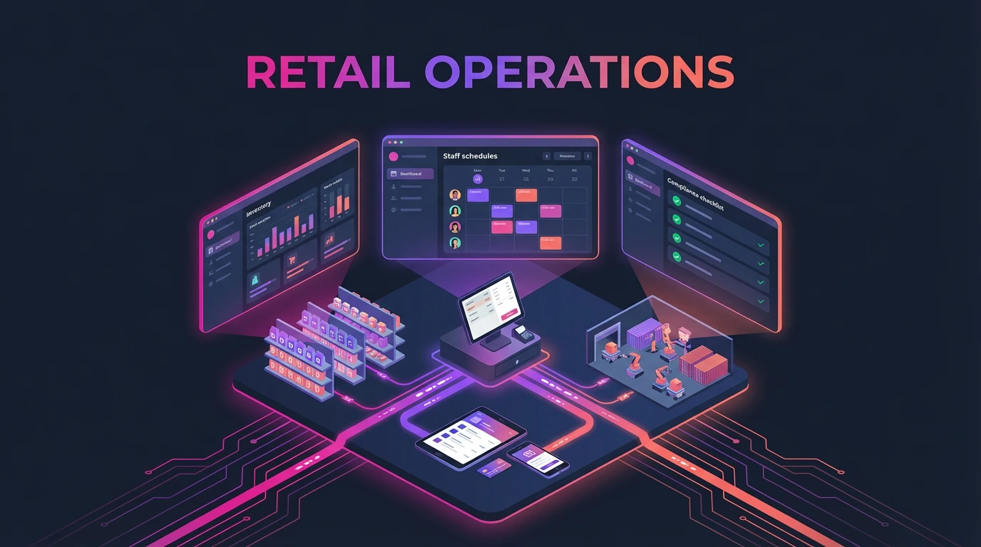 Centralized retail operations interface displaying staff schedules, inventory analytics, compliance checklists, store shelves, POS system, and warehouse automation.