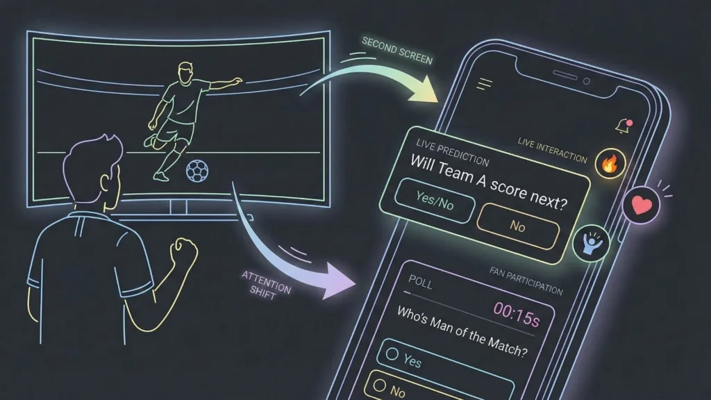 Illustration showing a sports fan watching a live football match on TV while interacting with a mobile app for real-time predictions, polls, and fan engagement on a second screen