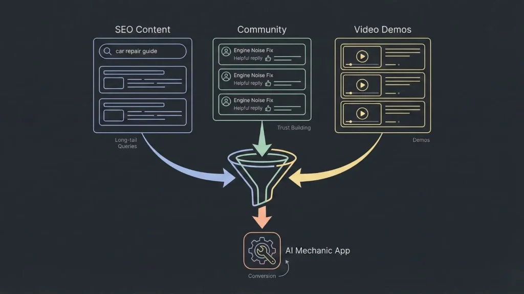 Marketing funnel showing SEO content, community trust, and video demos feeding into an AI mechanic app conversion flow.