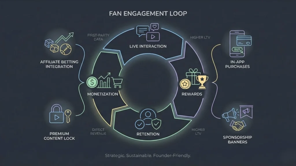 Circular diagram illustrating the sports fan engagement loop including live interaction, rewards, retention, monetization, in-app purchases, and sponsorship revenue