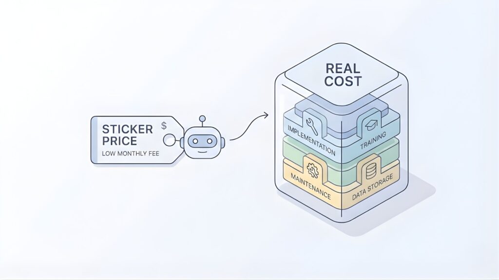Illustration showing the difference between sticker price and real cost in Claude Code vs Cursor comparisons, highlighting hidden factors like implementation, training, and maintenance.