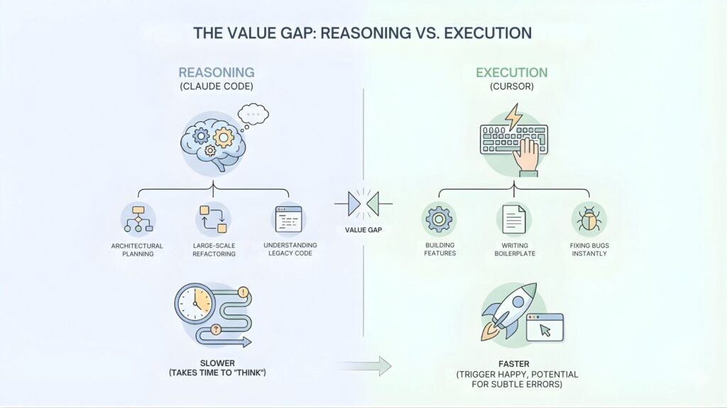 Diagram illustrating the value gap in Claude Code vs Cursor, comparing Claude's focus on deep reasoning and architectural planning against Cursor's strength in rapid execution and feature building.