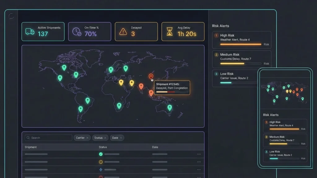 Track and trace dashboard showing active shipments, on-time rate, delays, live map view, filters, and risk alerts with a mobile-friendly layout