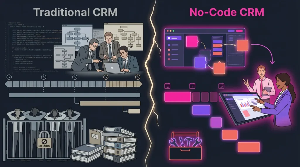 Traditional CRM compared to no-code CRM showing faster setup, automation, and flexibility