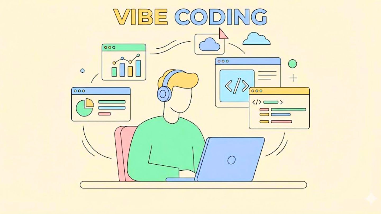 Vibe Coding illustration showing a developer effortlessly creating dashboards, code, and cloud tools using AI on a laptop.