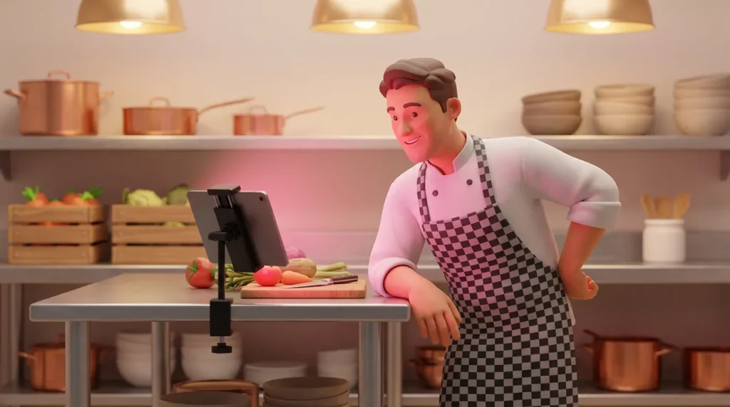 Chef using tablet in kitchen.