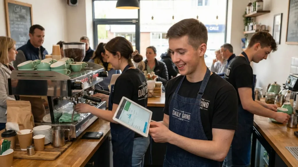 Baristas preparing coffee in busy cafe.
