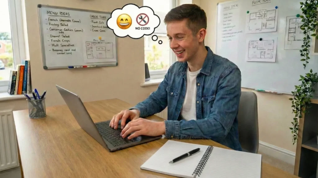 Person working on a laptop, brainstorming.