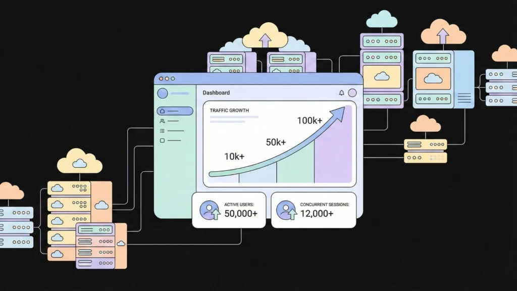 Dashboard visual showing rapid traffic growth, active users, and concurrent sessions to represent scalable AI app performance.