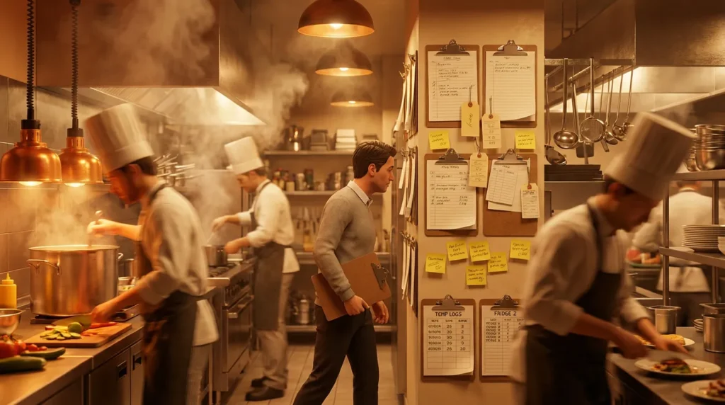 Chefs cooking in a bustling kitchen.