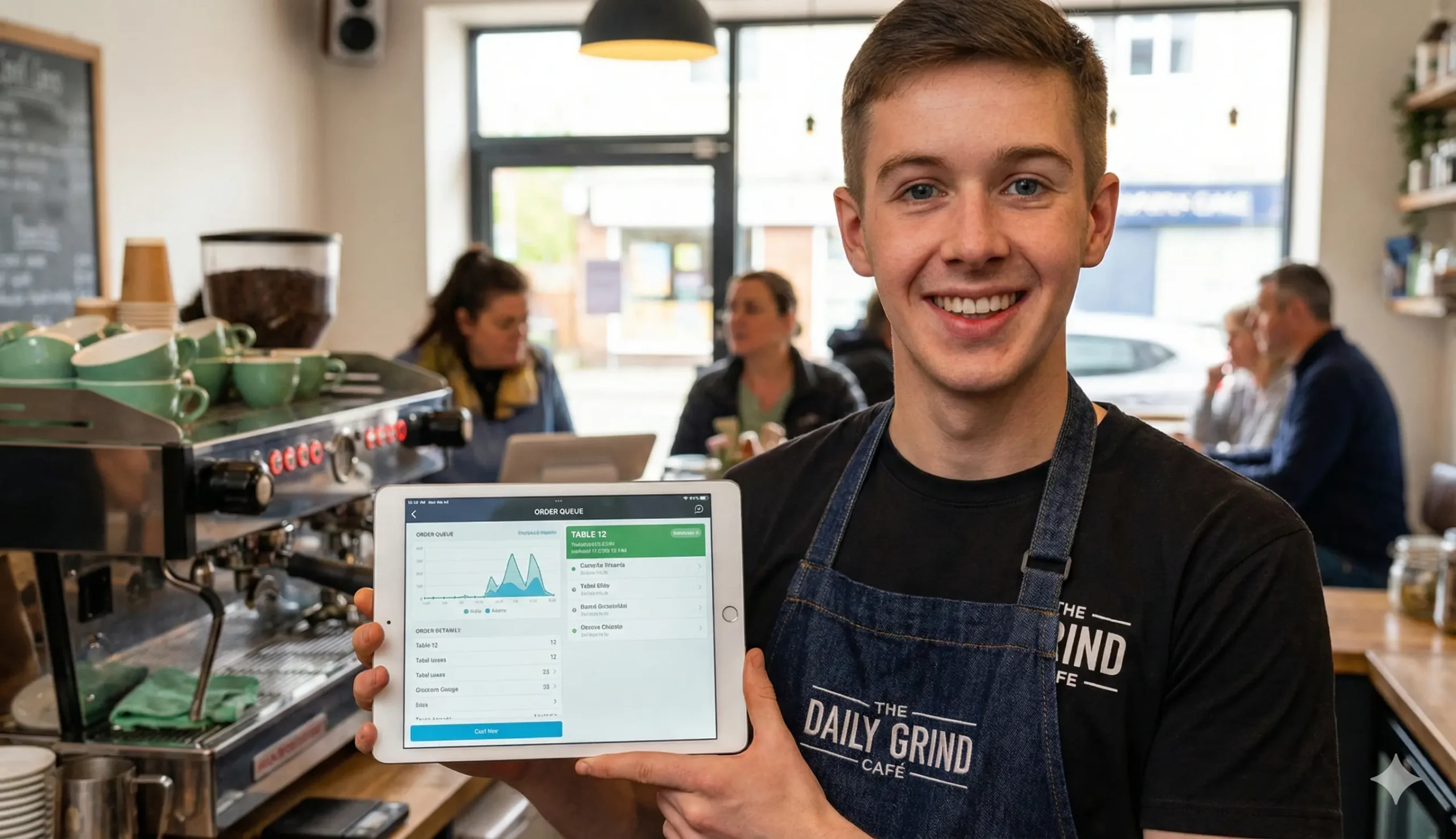 a cafe owner showing their Custom Ordering and Management Systems app For Cafes in his laptop.