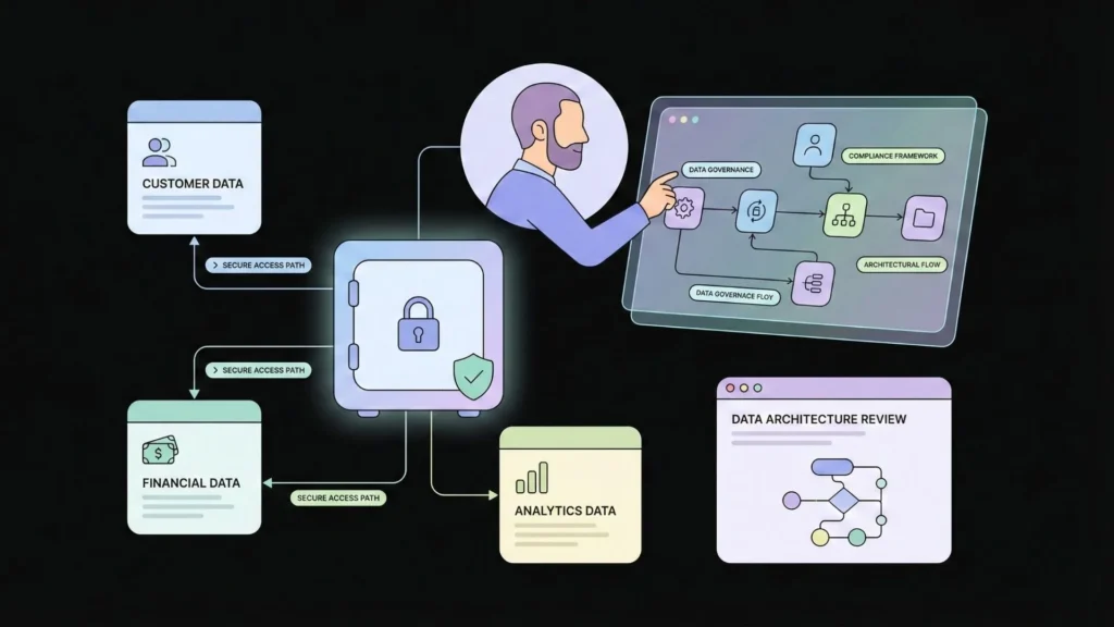 Diagram showing secure database governance with controlled access paths for customer, financial, and analytics data in a production ready AI platform.
