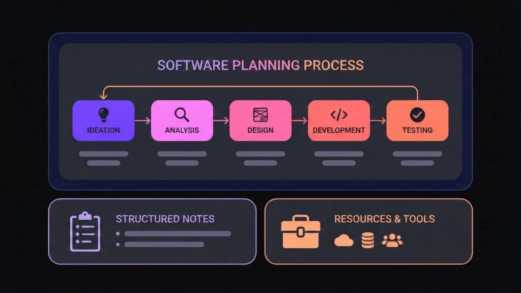 Software planning workflow from ideation to testing