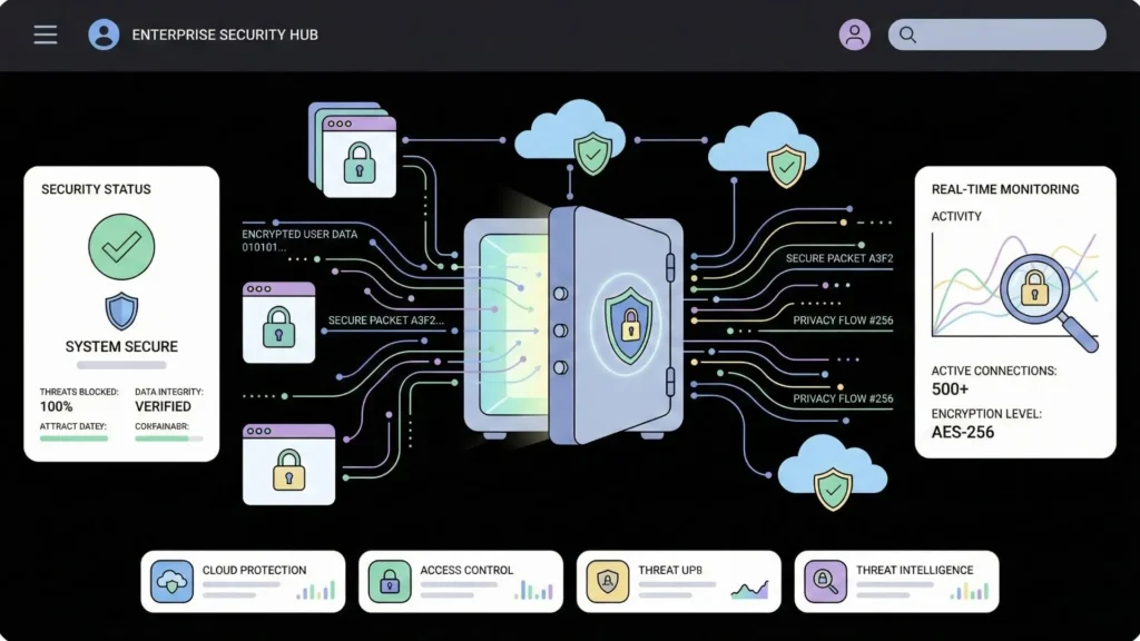 Enterprise security hub illustration showing encrypted data flows, real time monitoring, and secure cloud infrastructure for AI built applications.