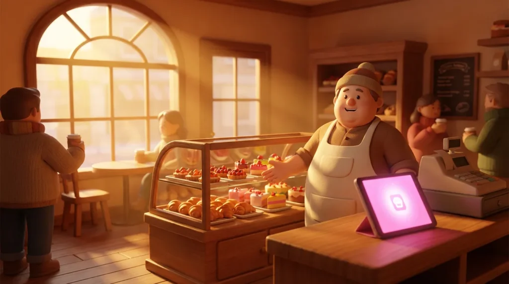 Warm bakery with colorful pastries displayed.