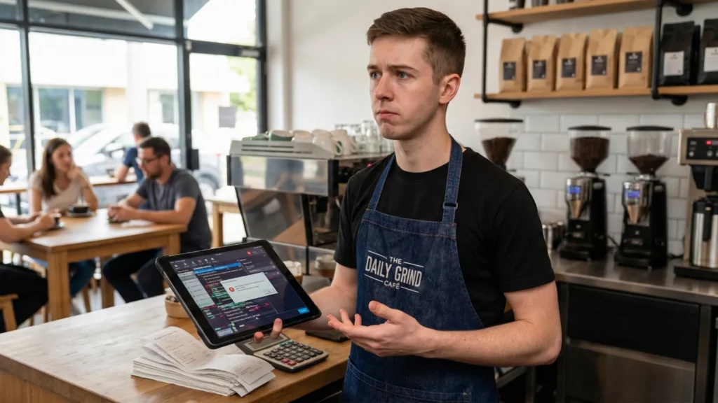 Barista frustrated with tablet error message.