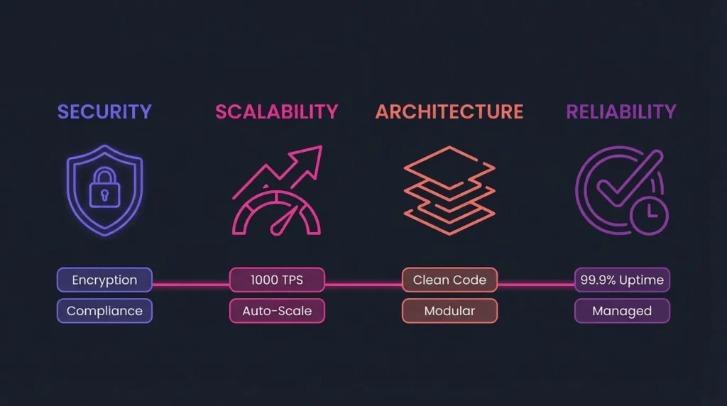 Security, scalability, architecture, reliability features