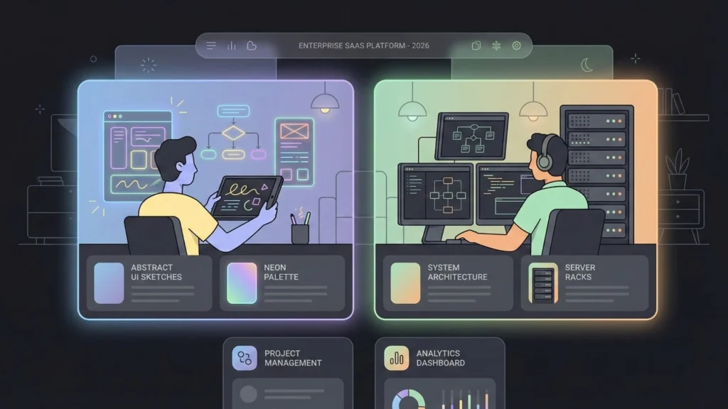 Side by side illustration showing Lovable focused on rapid UI prototyping and Imagine.bo focused on backend system architecture and infrastructure planning.