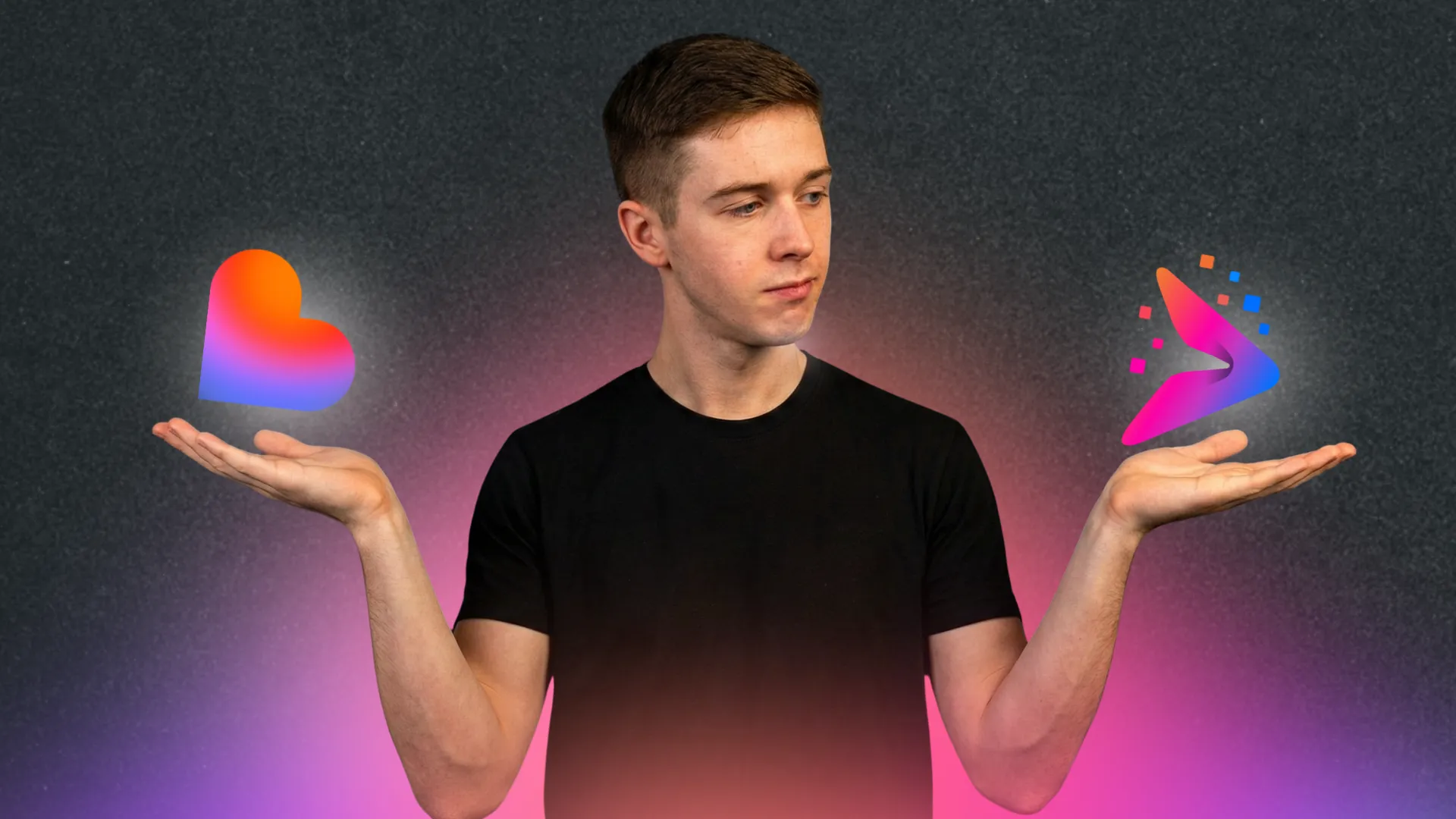 Man comparing lovable and imagine bo ai tool logo held in his hands.