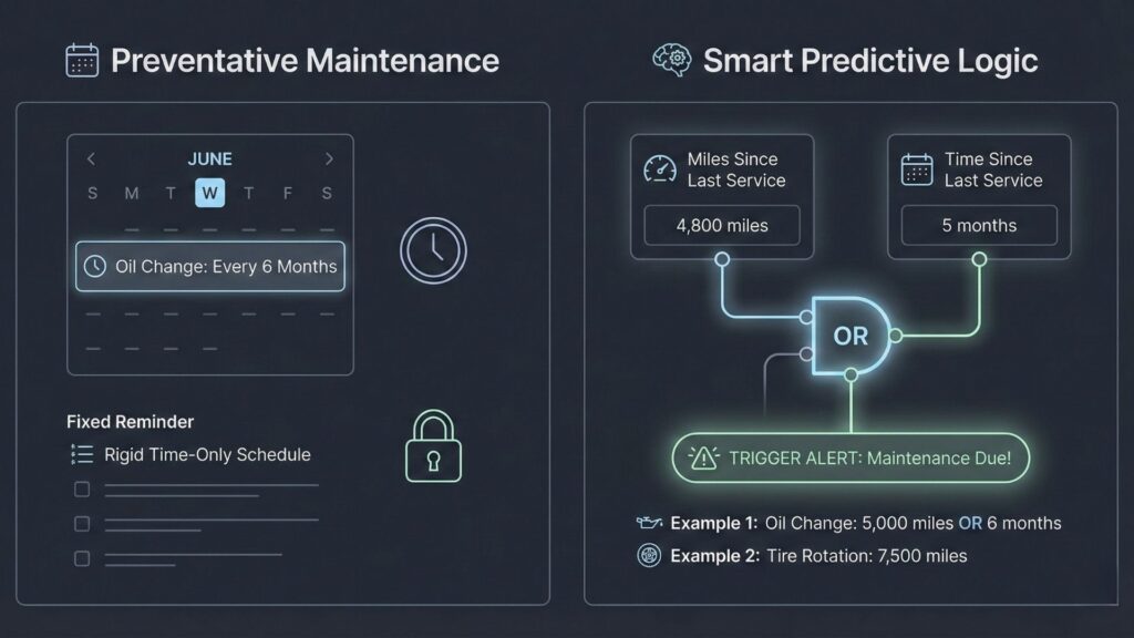 Comparison between fixed preventative maintenance schedules and smart predictive logic using mileage or time-based alerts for vehicle servicing.