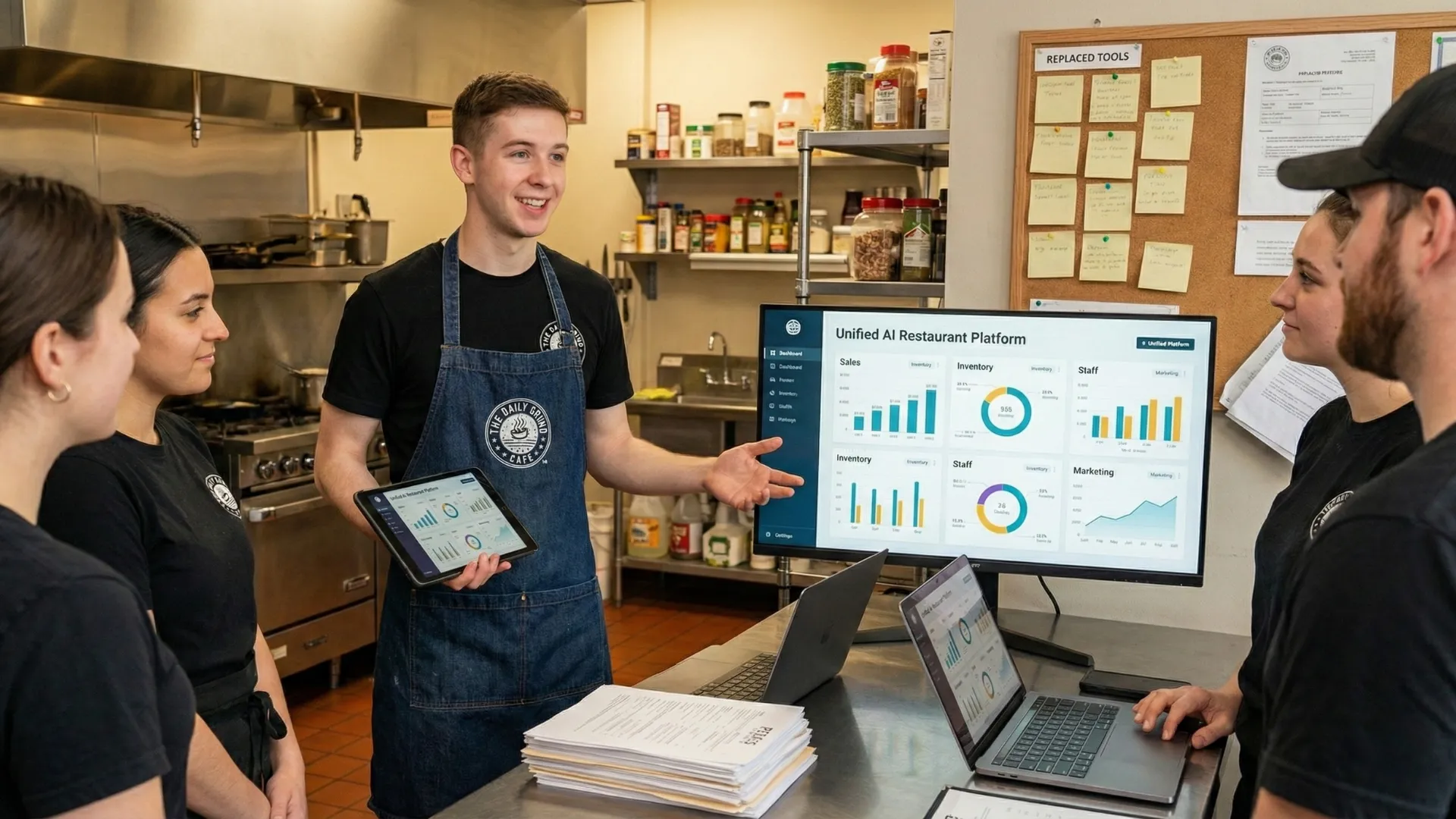 Staff discussing restaurant management data.