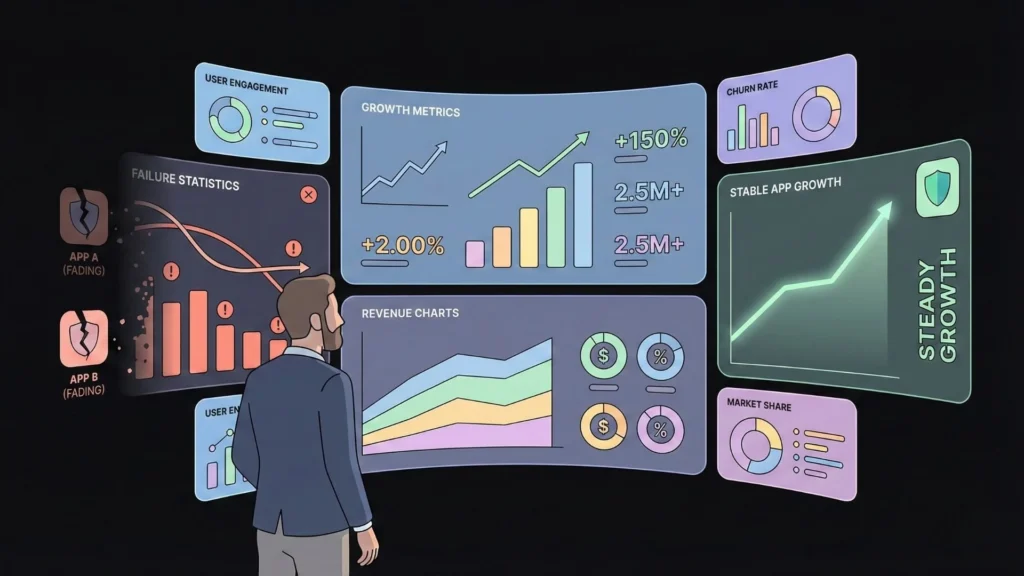 Growth analytics dashboard displaying revenue charts, user engagement, churn rate, and stable app growth for a scalable SaaS product.