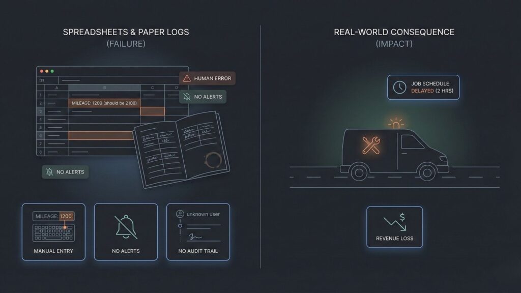 Illustration showing how spreadsheets and paper logs cause maintenance errors, missed alerts, delayed jobs, and revenue loss for small vehicle fleets.