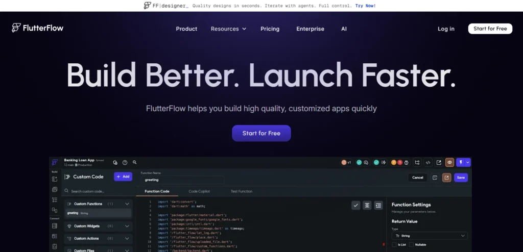official screenshot of FlutterFlow website