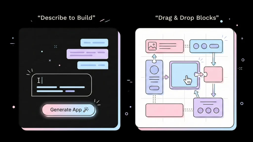 Illustration comparing AI text-to-app generation with drag-and-drop visual building.