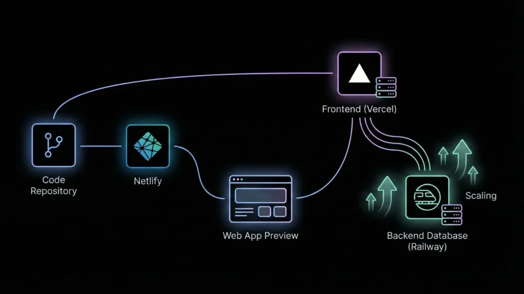 Dark architecture diagram displaying deployment flow through Netlify, Vercel, and Railway platforms.