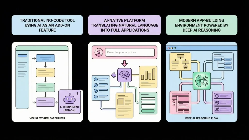 comparison infographic of traditional no code ai native and deep ai reasoning