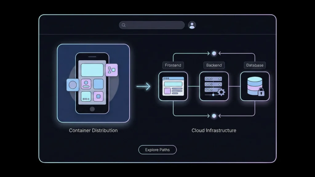 Dark UI diagram comparing mobile container distribution and cloud infrastructure paths.