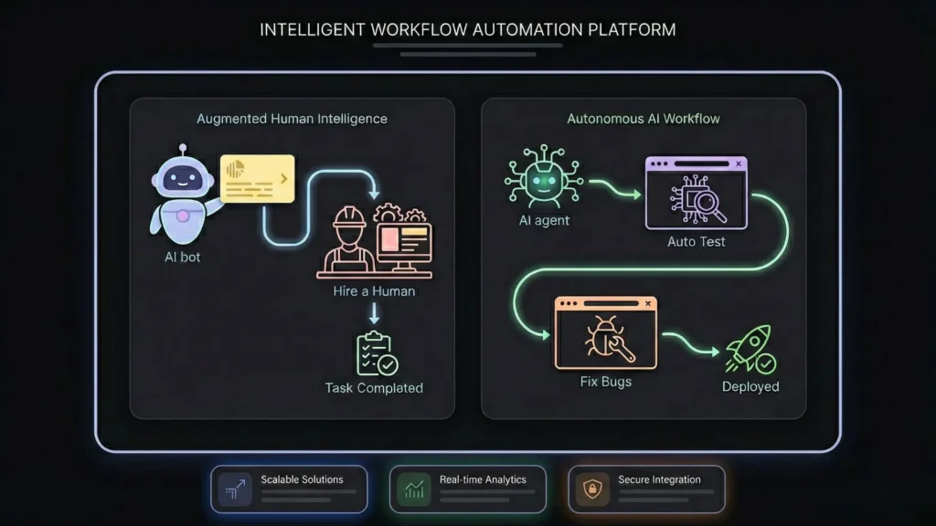 Dark minimal UI diagram showing human assisted and autonomous AI automation workflows.