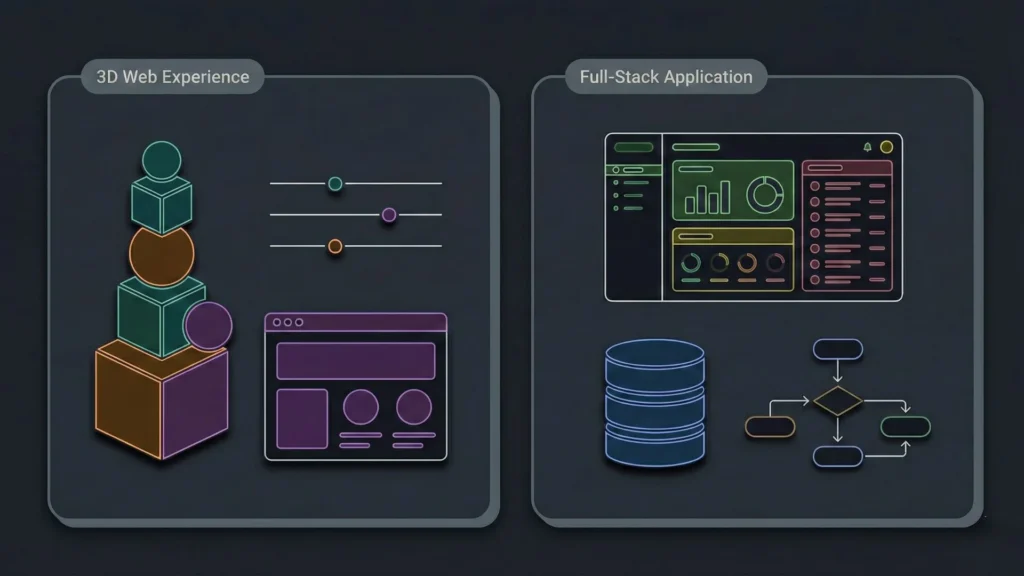 Dark mode comparison graphic of 3D web and full-stack application interface designs.